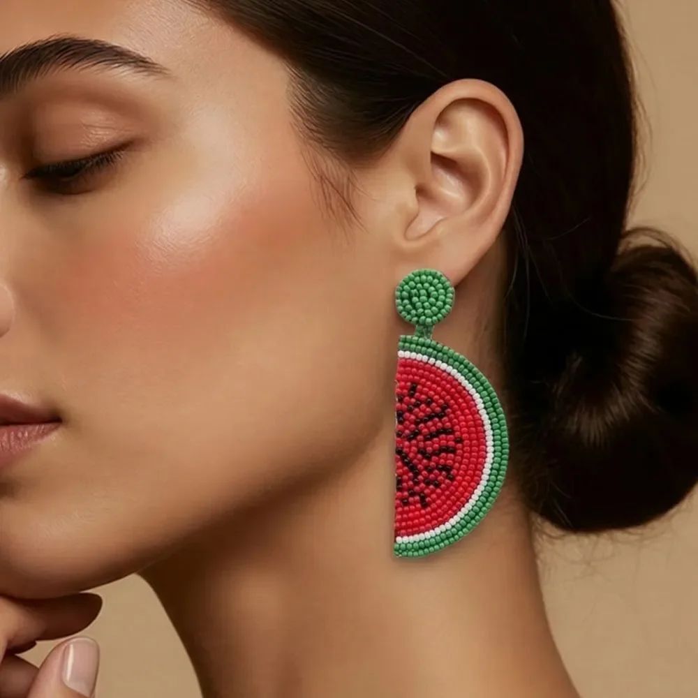 Watermelon Slice Seed Bead Statement Earrings Big Summer Fruit Stainless Steel
